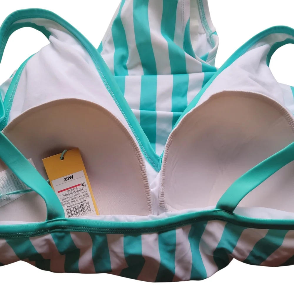 NWT Kona Sol Mint Stripe One Piece Swimsuit Size 20W Plus V Neck Strappy Back - Picture 12 of 13
